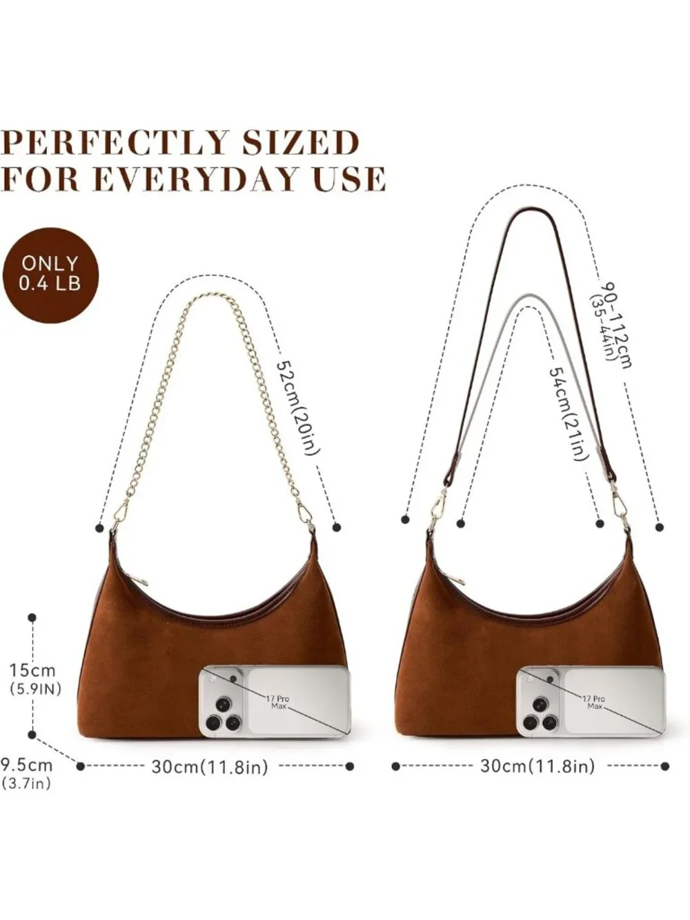 Trendy Suede Hobo Bag for Women | Small Lightweight Tote with 3 Straps & Zipper